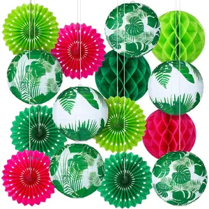 18 count Summer Tropical Party Decoration Palm Leaf  Paper Lantern Rose Red and Green Honeycomb Fans Honeycomb Ball for Hawaii Theme Luau Party Ceiling Decor Supplies