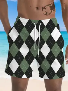 Men's Diamond Pattern Beach Shorts, Drawstring Five-Quarter Pants, Summer Casual College Style, Loose-Fitting