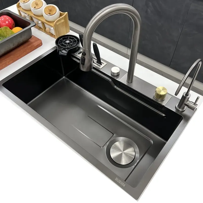 Modern 29.5x18 Inch Kitchen Sink Feiyu Waterfall Sink 304 Stainless Steel Black Sink with Cup Washer And Knife Holder Kitchen Household Washbasin