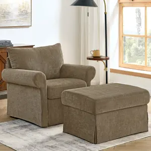 Eyisean 37.5" Chenille Modern Accent Chair, Comfy Ergonomic Single Sofa with Ottoman & Upholstered, Durable Reading Armchair with Curved Armrests & Removable Pillow, Deep Seat Chairs Set for Apartment, Bedroom, Living Room