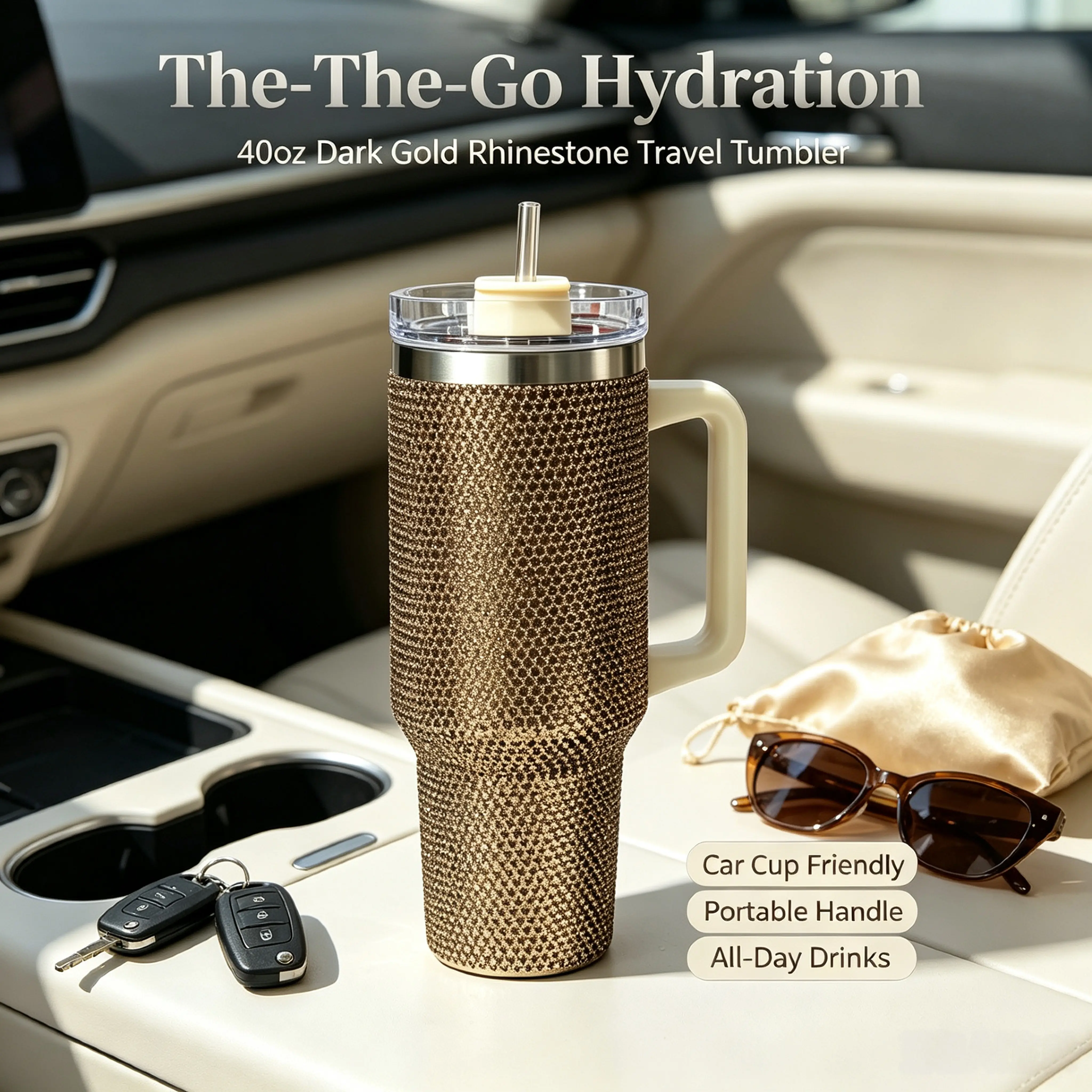 40oz Sparkly Dark Gold Rhinestone Tumbler with Handle and Straw Lid, Full Bedazzled Crystal Studded Stainless Steel Insulated Travel Coffee Mug, Leak Proof Large Capacity Water Cup, Car Office Birthday Gifts for Women Friends