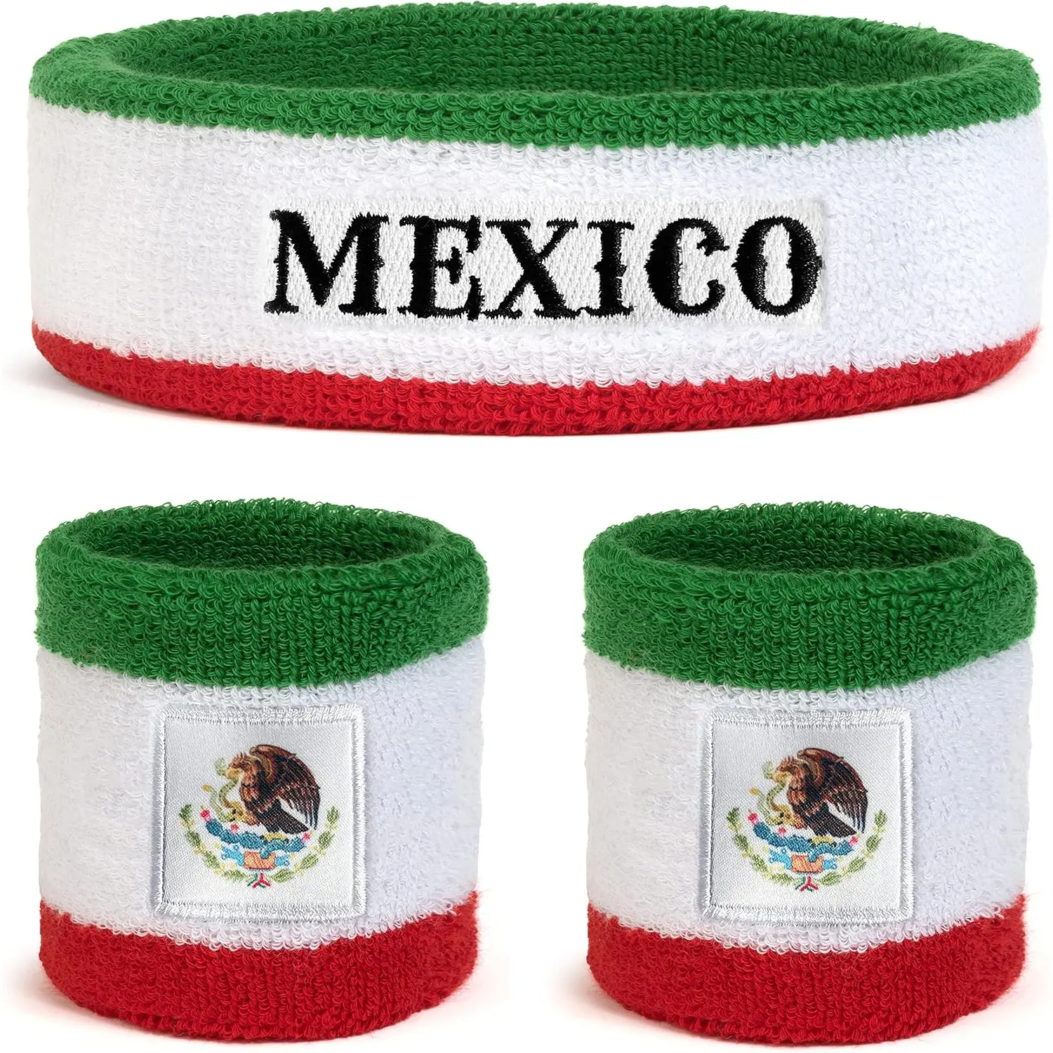 Mexico Flag Headband and Wristbands Set Mexican Colors Sports Sweatbands for Soccer Basketball Fitness
