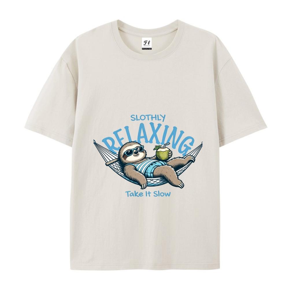 Slothly Relaxing Funny Sloth Graphic Tee Summer Vacation Casual Top For Men & Women Cartoon Drop Shoulder Short Sleeve Crew Neck Tshirt - Menswear