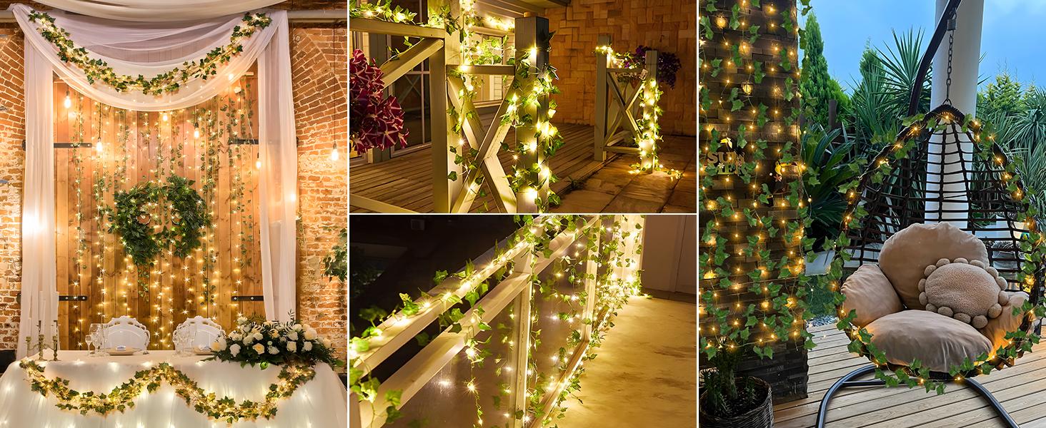 Solar Ivy String Lights Outdoor Waterproof, 33Ft 100 LED Fake Vines with Lights, Artificial Greenery Leaf Fairy Light for Privacy Fence, Wall, Patio, Garden, Balcony Decor (Warm White)