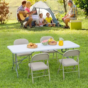 Fold-in-Half Banquet Table w/Handle,8ft, White Folding Table Outdoor Indoor Heavy Duty Portable Table with Carrying Handle for Camping Picnic Party s 8ft Plastic Folding Table, Indoor Outdoor Heavy Duty Portable w/Handle, Lock for Picnic, Party, Camping