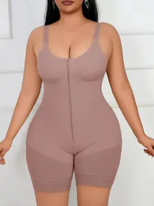 Lace Tummy Control Shapewear Bodysuit, Fajas, Colombian Shapewear, High Compression Shapewear, Butt Lifter Body Shaper With Zipper Crotch, Detachable Shoulder Strap Jumpsuit, Solid Waist Trainer, Underwear, Suitable For Daily Wear, Fitness