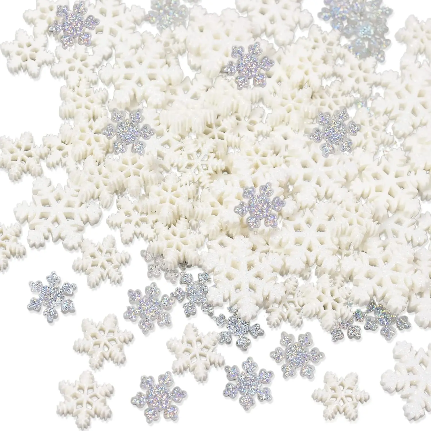 Mini Snowflake Ornament for Christmas Tree Decorations Winter Decor | 100pcs, 3 sizes, glitter, resin, white and silver snowflakes mixed, craft embellishment for DIY craft