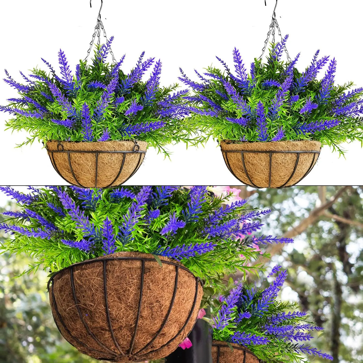 2pcs UV-Resistant Hanging Flower Baskets - Sturdy for All Year Weather, Long-Lasting Artificial Decor with 12 Realistic Look Artificial Lavender Stems & Hemispherical Green Plant, for Both Indoors/Outdoors Porch Home