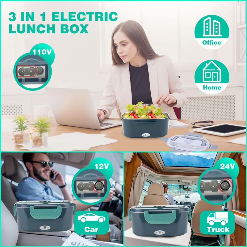 Electric Lunch Box for Adults, 1.5L 60W Leakproof Heated Lunch Box | 12/24/110/220V Portable Food Warmer for Car, Truck, Office with SS Fork&Spoon and Insulated Carry Bag , Lonchera Para Trabajo