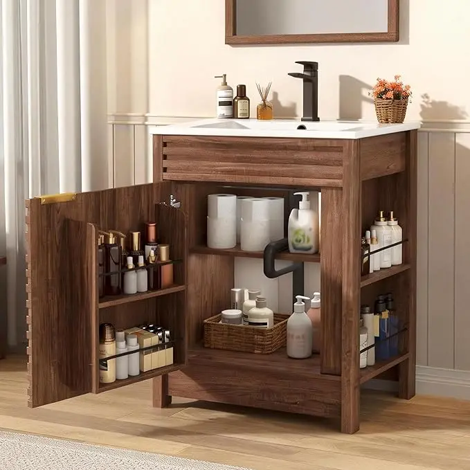 24 Inch/36 Inch Bathroom Vanity with Sink, Mid-Century Modern Bathroom Vanity with Storage Cabinet, Freestanding Bathroom Cabinet with Door Shelves and Faucet, Light Oak/Dark Oak