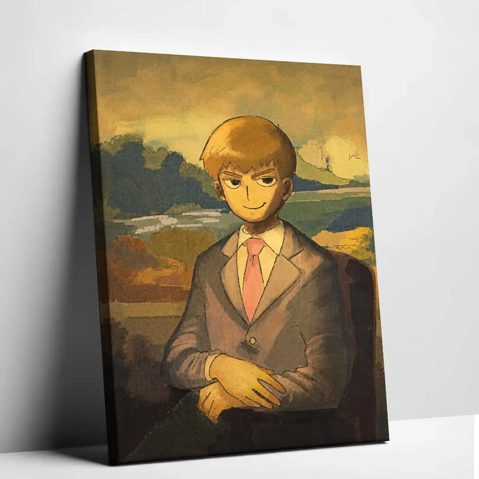 Mob Psycho 100 Canvas Wall Art Poster Arataka Reigen Mona Lisa Parody Print Vintage Classical Oil Painting Style Canvas Painting Funny Anime Graphic Picture Decor for Living Room Studio Artworks