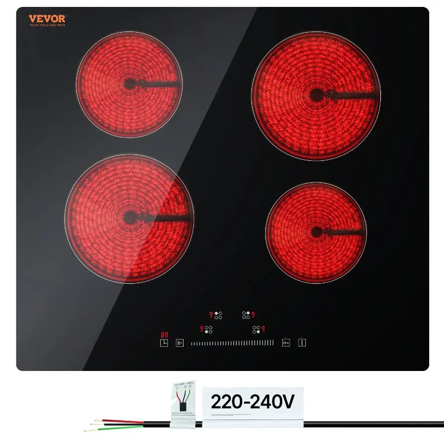 【Summerfinds】VEVOR Built-in Electric Glass Top Stove, 23.2x20.5 Inch 4-Burner 240V Radiant Cooktop with Sensor Touch Control, Temperature Control, Timer Lock, 9 Power Levels, Heat Resistance for Simmer