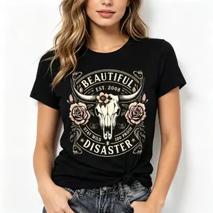 "Vintage 2008 Bull Skull & Floral" Graphic Tee |   Western Cowboy Style T-Shirt |   Unisex Streetwear Casual Daily Wear Top