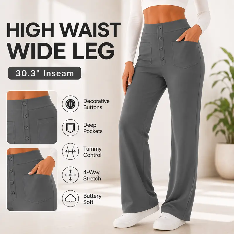 Avamo Women's High-Waisted Stretchy A-Type Straight Leg Pants - Button Closure, 4-Pocket Carry, Foldable Minimalist Workwear, Business Casual for Halloween, Easter