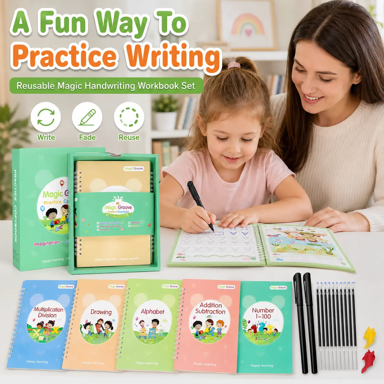 5 Pack Magic Practice Copybooks for Kids Ages 3-8 with Pens, Reusable Grooved Handwriting Workbooks with Disappearing Ink, Letter Number and Word Tracing Books for Preschool, Homeschool and Kindergarten Learning