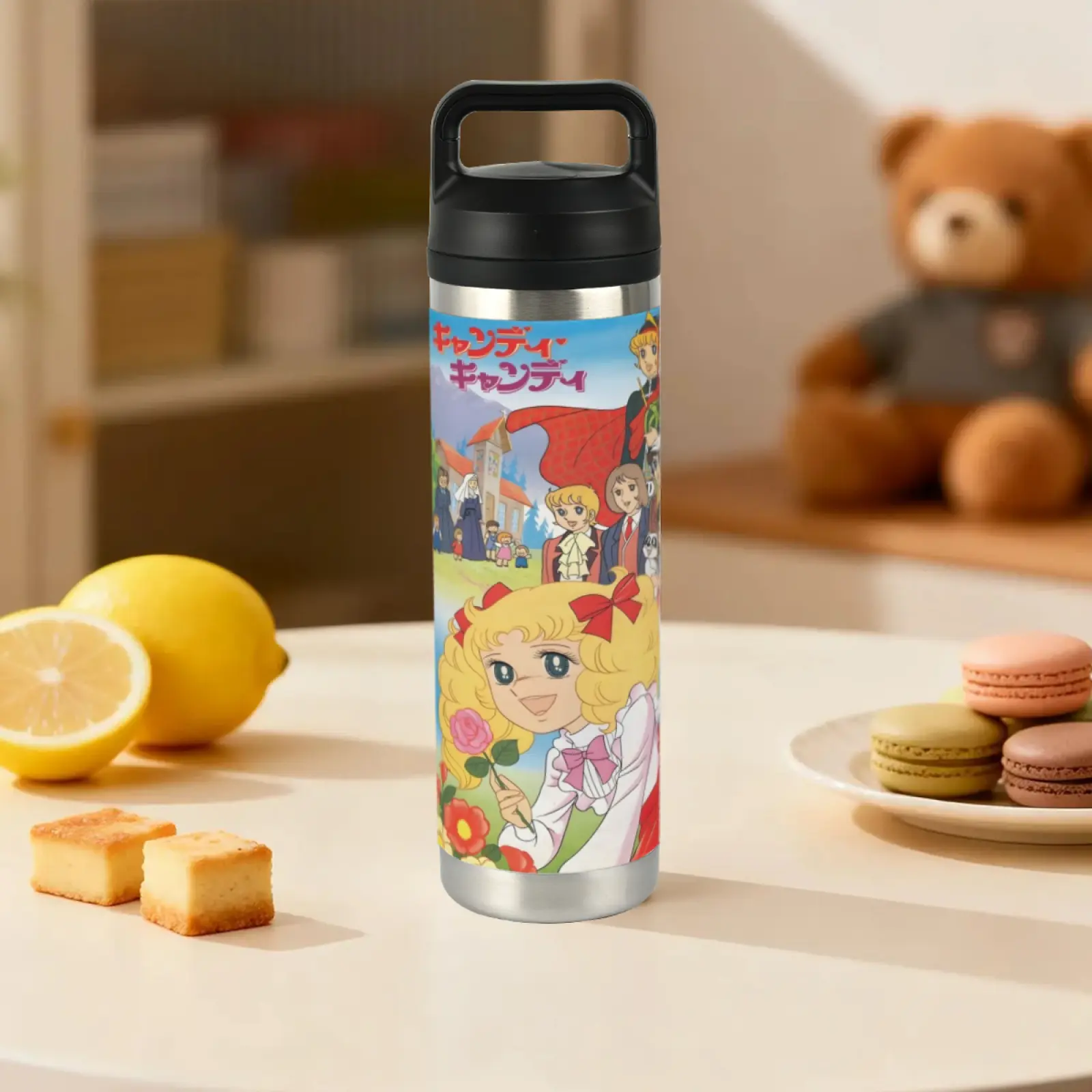 1pc 20oz Candy Candy Anime Insulated Stainless Steel Flask, TikTok Viral Aesthetic Vacuum Double-Wall Thermal Mug, Cute Character Design, Portable Travel Cup with Handle Lid, Reusable Hot & Cold Drinkware, Flasks