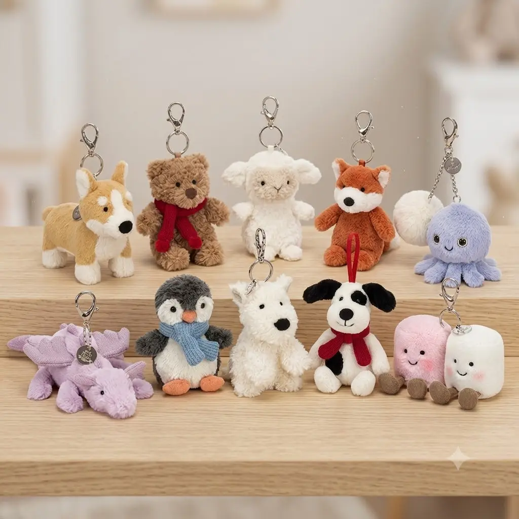 Cute Plush Animal Keychain Bag Charm – Soft Stuffed Mini Plushie Keyring Collection (Corgi, Bear, Lamb, Fox, Octopus, Dragon, Penguin, Dog, Marshmallow)