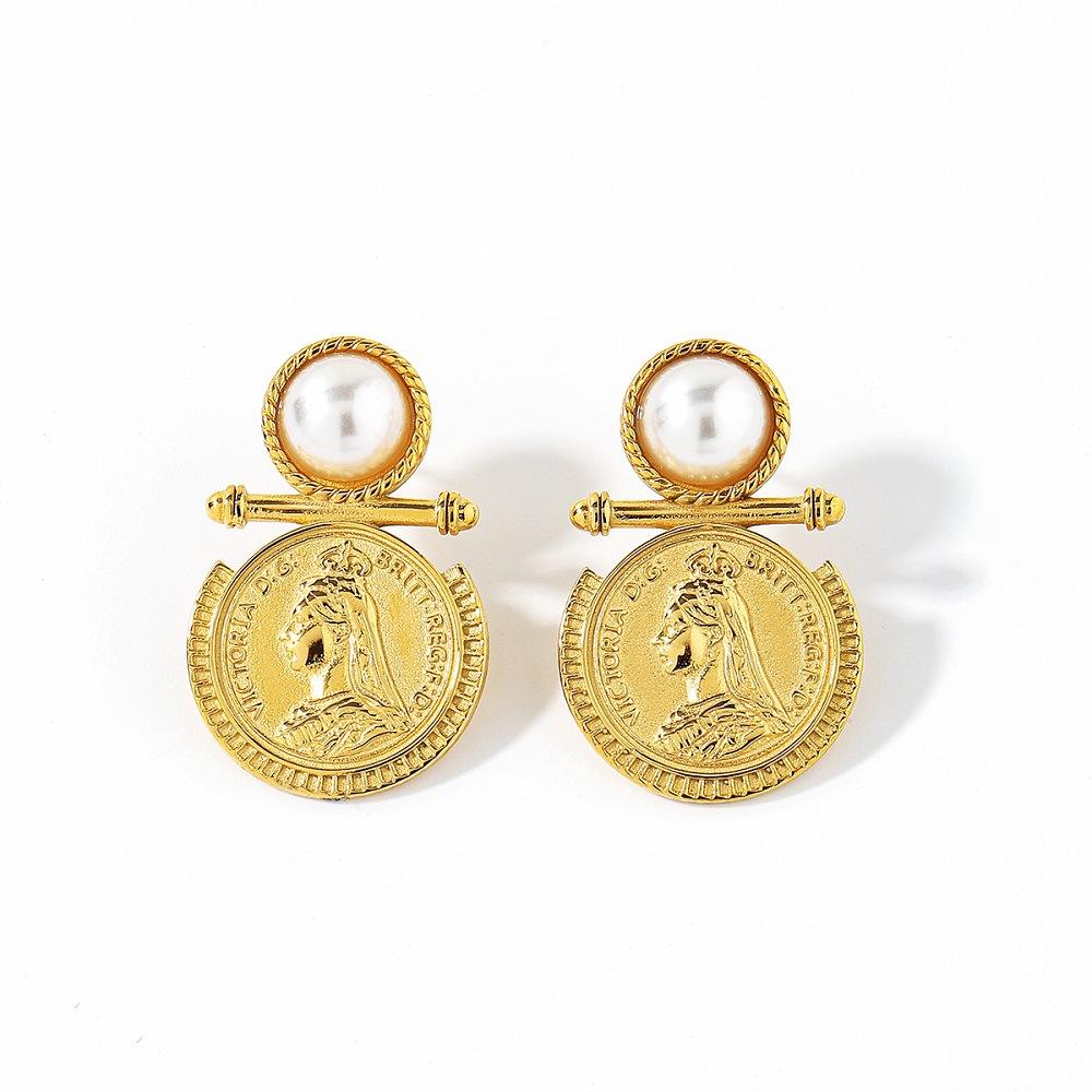 Vintage Gold Coin Earrings for Women, 18K Gold Plated Stainless Steel Pearl Stud Earrings, Hypoallergenic Retro Ins Style Dangle Earring, Non-Fade Daily Wear Jewelry