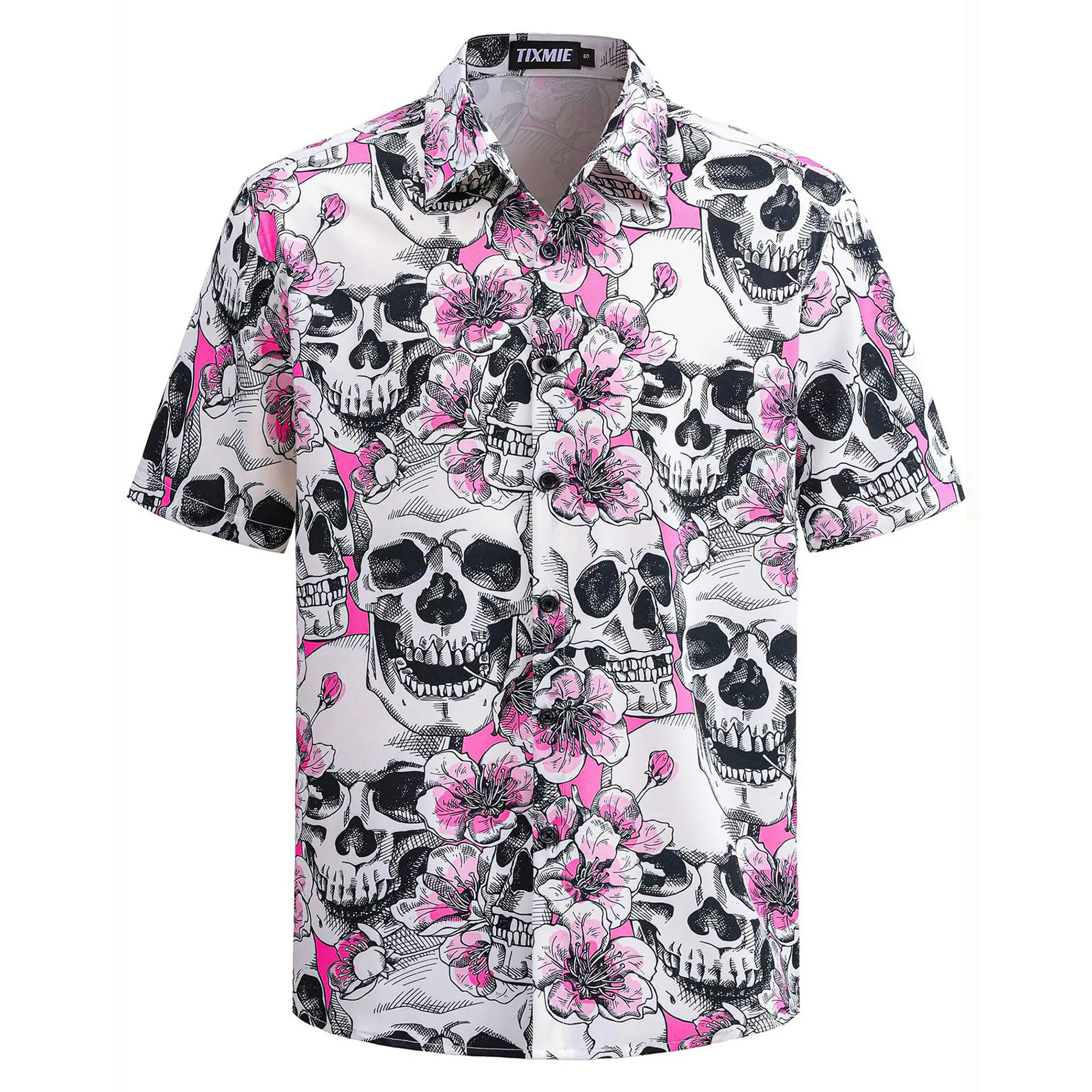 Men's Skull & Cherry Blossom Print Short-Sleeve Loose Casual Button-Up Shirt, Lightweight Polyester Menswear Top for Summer Beach Vacation, Shortsleeve, Button-Front Short-Sleeve Causal Shirts, Tropical, Buttons, Retro