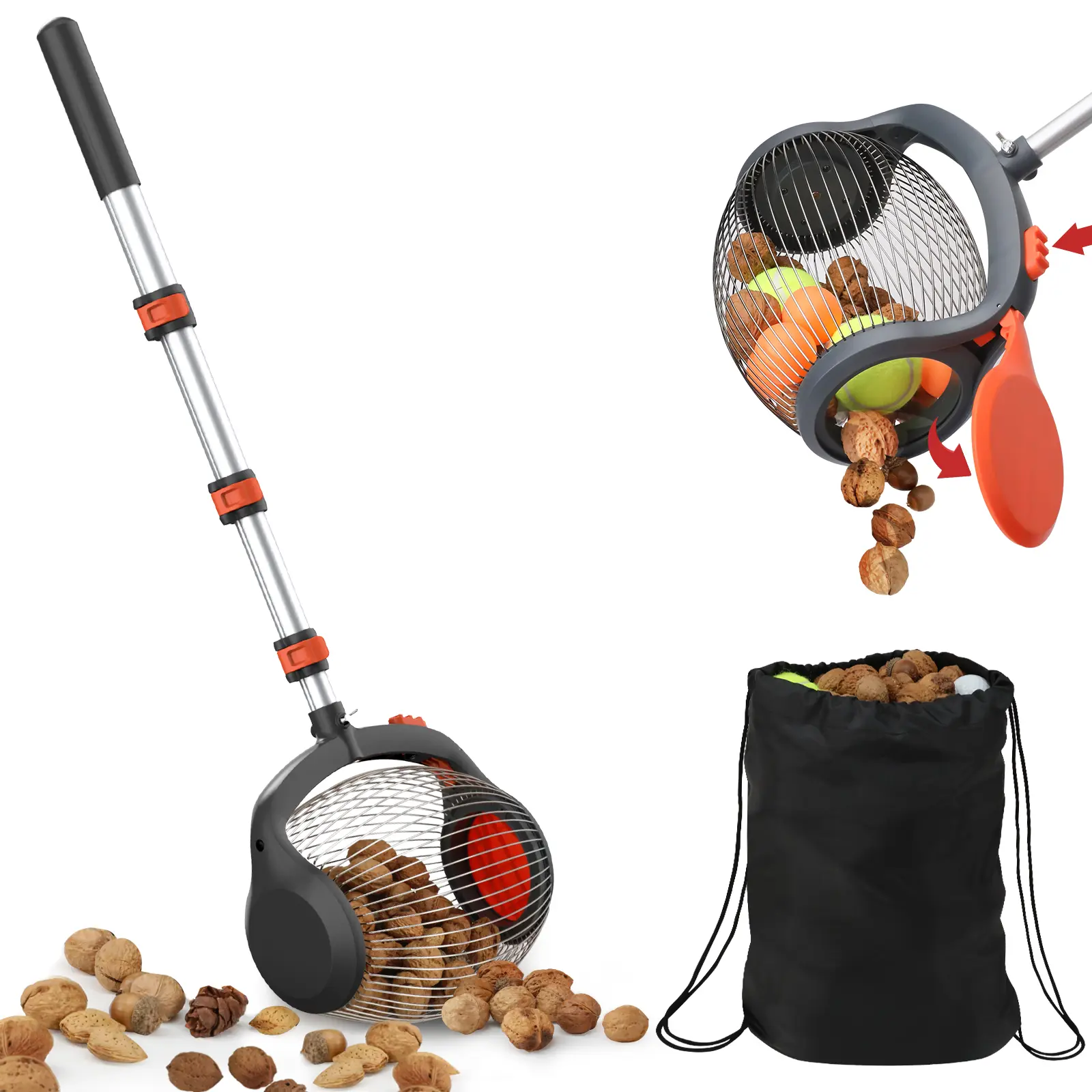 RIFPOD Nut Gatherer,Walnut Picker Upper, Foot-Operated Release Ball Picker Roller,Side Opening,Effortless Emptying,Suitable for 3/4" - 1.7" Walnuts,Small Fruits,Magnolia Seeds,Peca