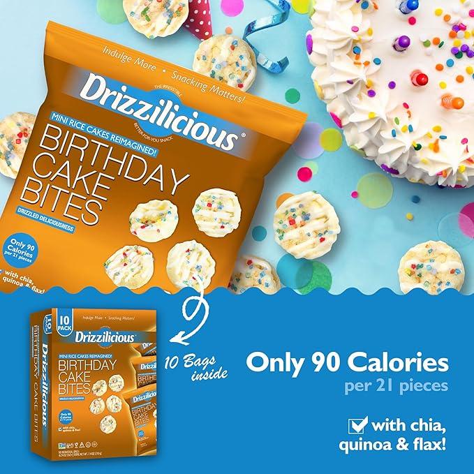 Drizzilicious Birthday Cake Mini Rice Cakes - Gluten-Free, Vegan, Crunchy & Healthy Snack, 90 Calories per Bag, 0.74 oz (Pack of 10)