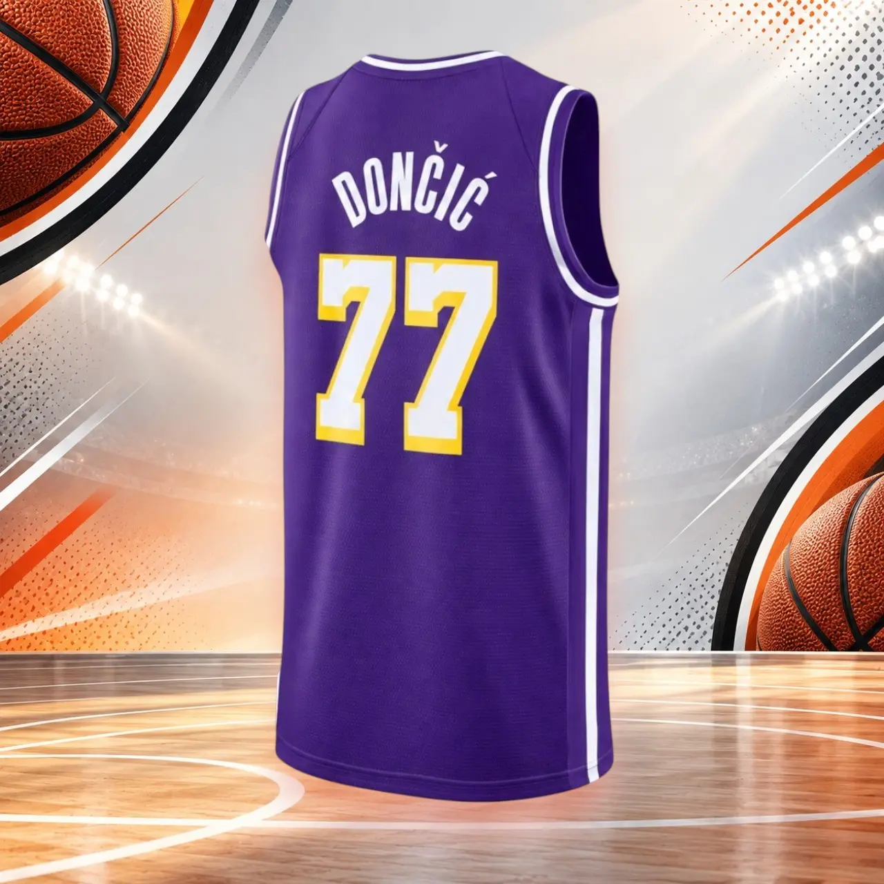 All Print Doncic #77 Basketball Jersey Shirt, Gold Purple White Sleeveless Round Neck Mesh Tank Top, Unisex Breathable Athletic Sportswear, Retro Basketball Game Day Outfit, Casual Streetwear