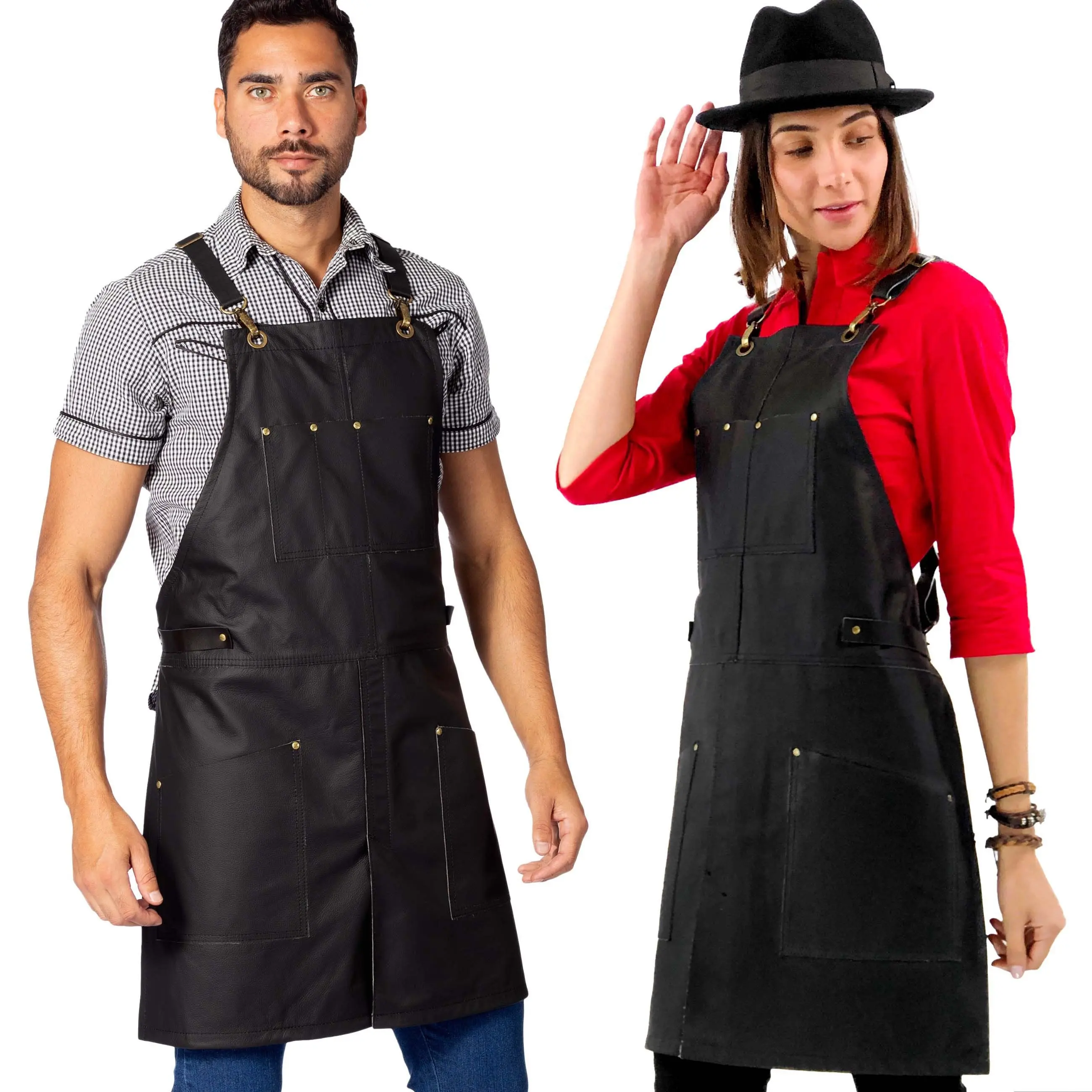 Real Leather Apron - Black or Brown Leather Body, Pockets and Cross-back Straps - Split-Leg, Riveted, Lined