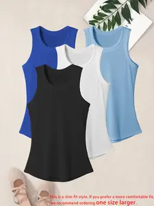 Women's Solid Ribbed Sports Tank Top, Breathable Sleeveless Tight Sports Vest Gym Tops for Yoga Gym Workout, Ladies Sportswear for All Seasons