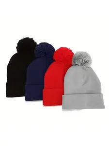 Warm Winter Hat for Running and Walking, Pom Pom Style, Medium Elastic Knit Fabric, Sporty Fitted Design, Fall & Winter