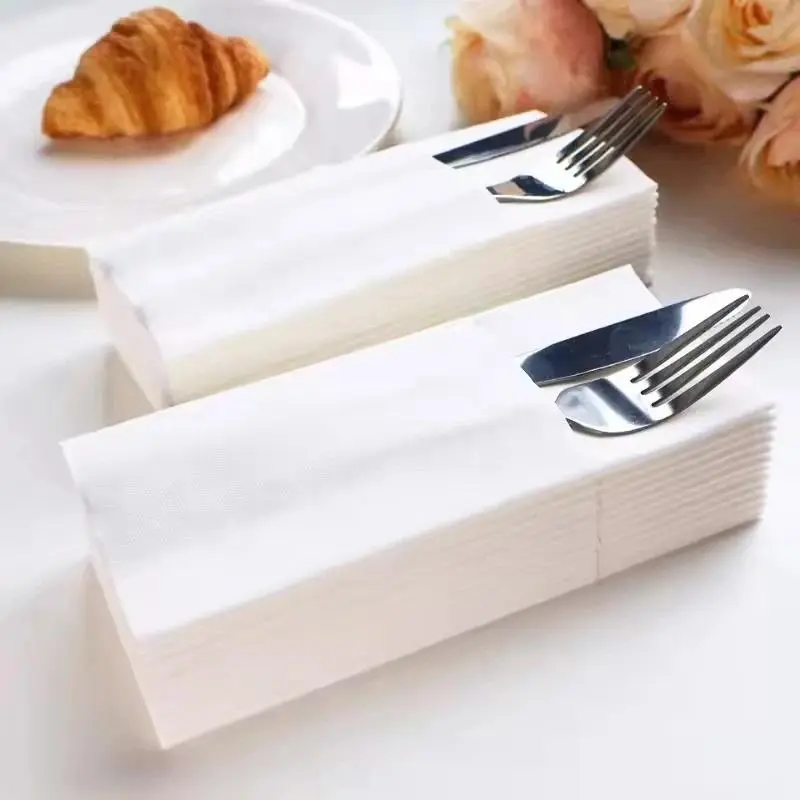 White Prefolded Pocket Napkins - 25/50PCS Disposable Cutlery Napkins with Plastic-Rubber Compatibility, for Restaurant Party Use, Home & Festive Disposable Tableware Supplies, Prefolded Napkin