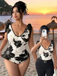 Plus Size Women's Printed Floral Romper, Butterfly Knot Shoulder Straps, V-Neck Design, Conceals Belly Fat, Comfortable & Stylish