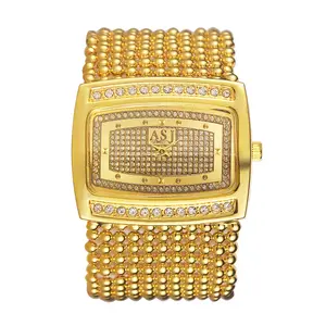 Womens Rectangular Bracelet Watch: Rhinestone Gold Tone Bead Band Adjustable Large Dial Dress Watch