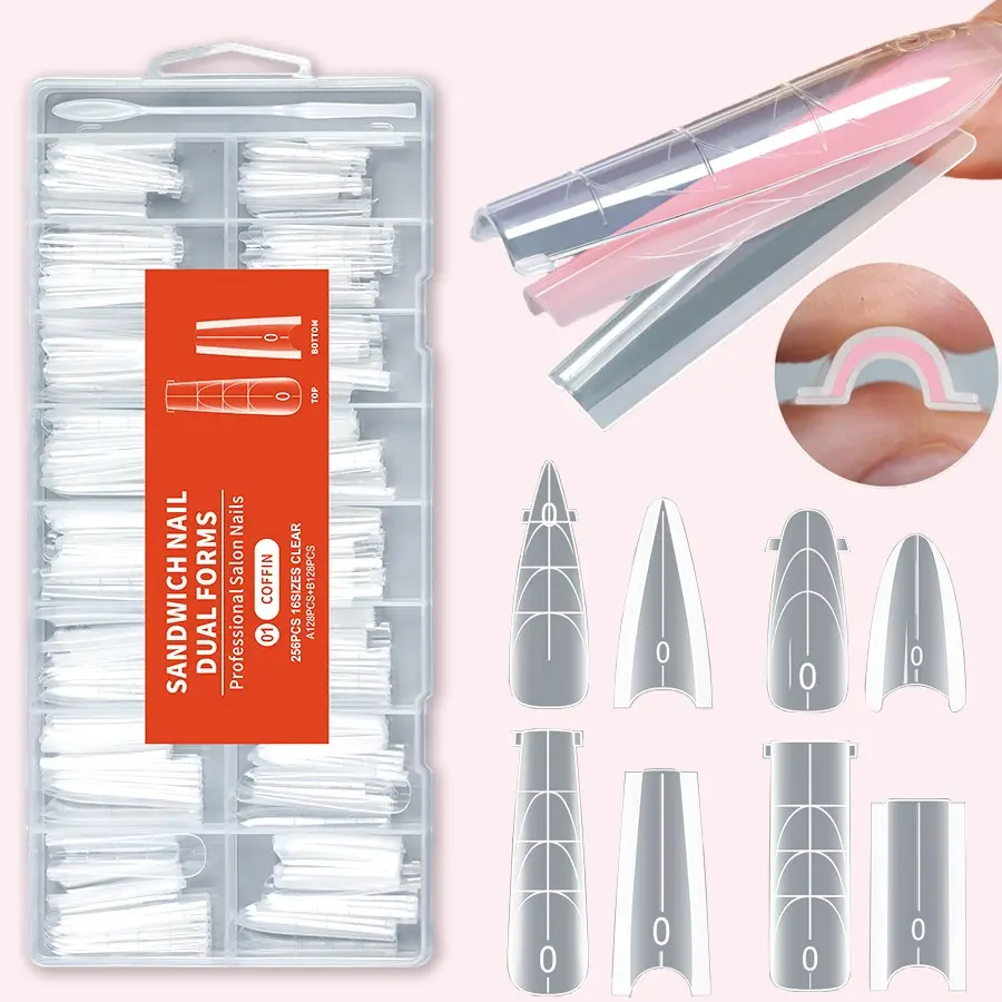 256Pcs Sandwich Dual Nail Form Coffin Almond Nail Forms, 16 Size Reusable Top Bottom Forms Gel Nail Art Extension Molds, DIY Nail Kit, Nail Art Tools, Nail Art Supplies