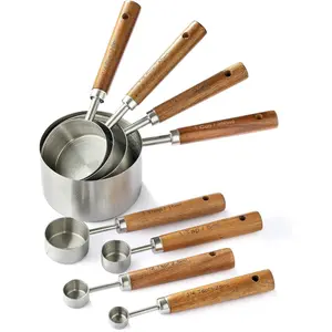 8PCS Measuring Cups, DAJLFA Stainless Steel Measuring Cups and Spoons Set with Ergonomic Wooden Handle for Cooking & Baking