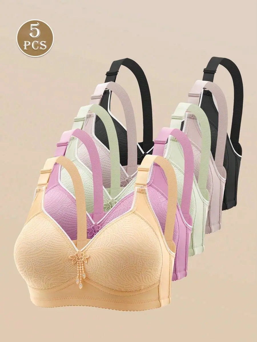 5pcs Non-Wired Printed Push Up Adjustable Bras For Women