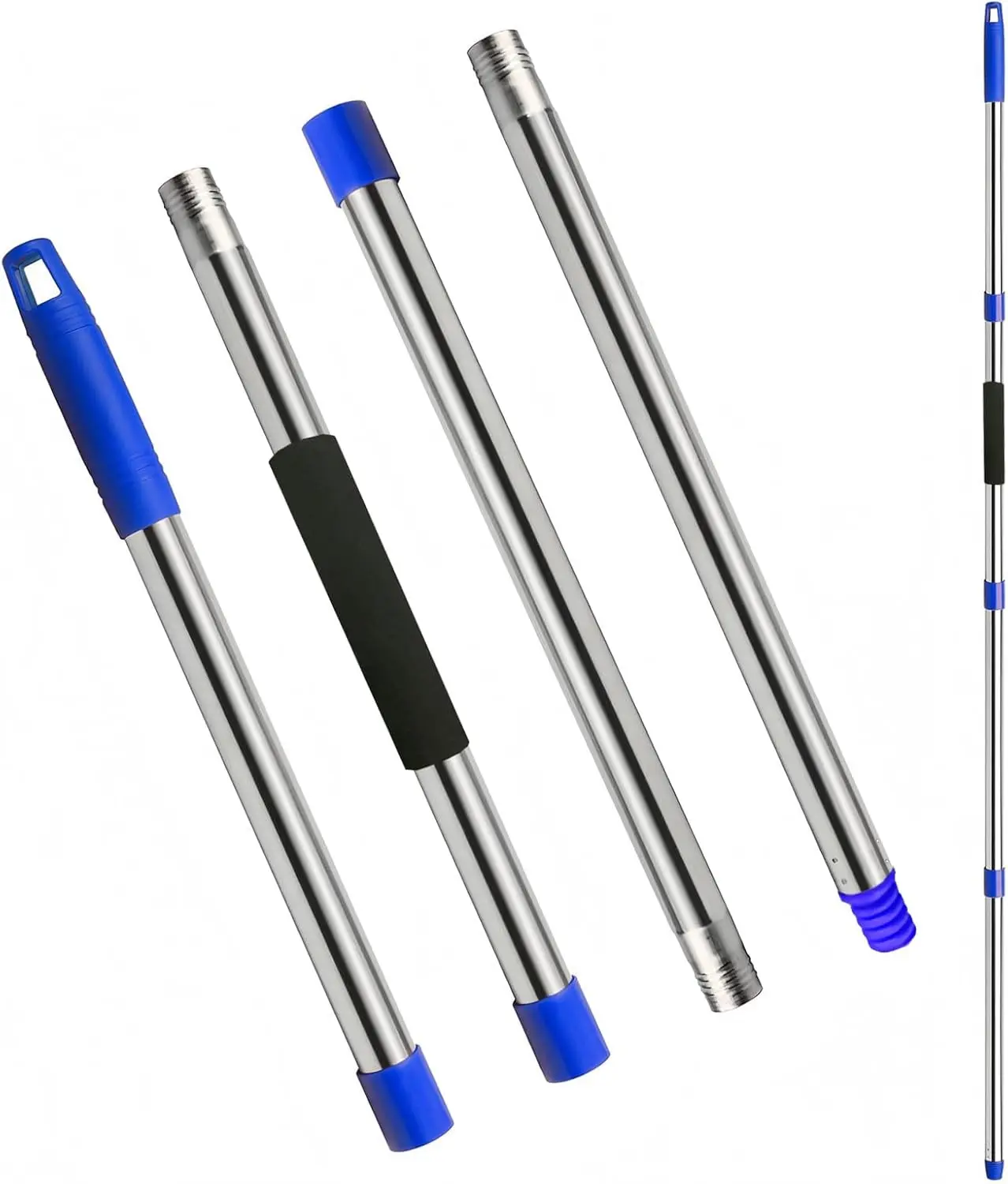 Mop Handle Replacement - 4-Section Adjustable from 30" to 58" - Durable Stainless Steel Mop Pole with American Thread Joint for Spin Mops & Brooms (Blue)