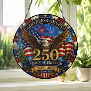 250 Years of Freedom Stained Glass Suncatcher – In God We Trust Patriotic Eagle Window Hanging Decor for America Anniversary