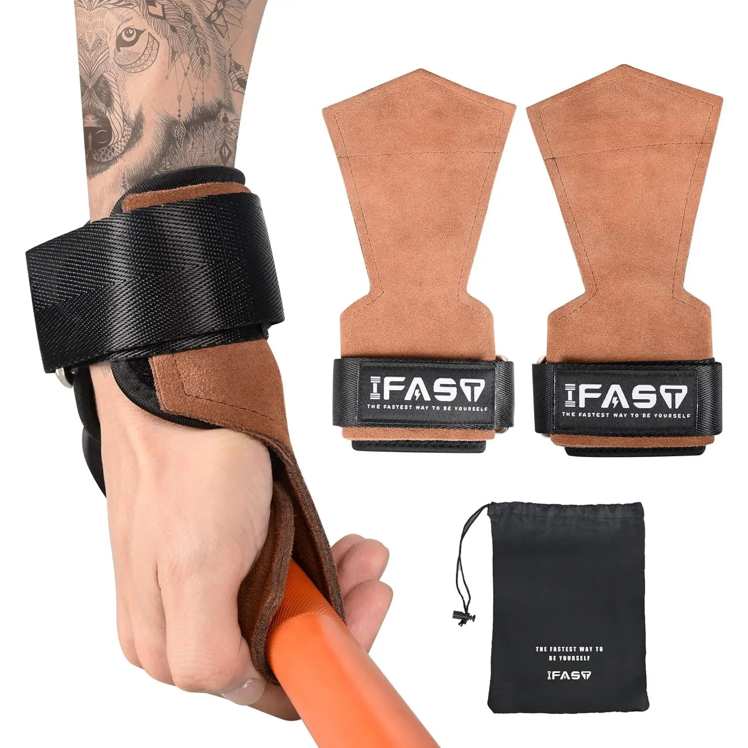 Weight Lifting Grips with Wrist Straps - Weightlifting Hooks, Non-Slip Cowhide Padded Workout Gloves for Men and Women Deadlift, Pull Up, Rows, Home Gym Power Training
