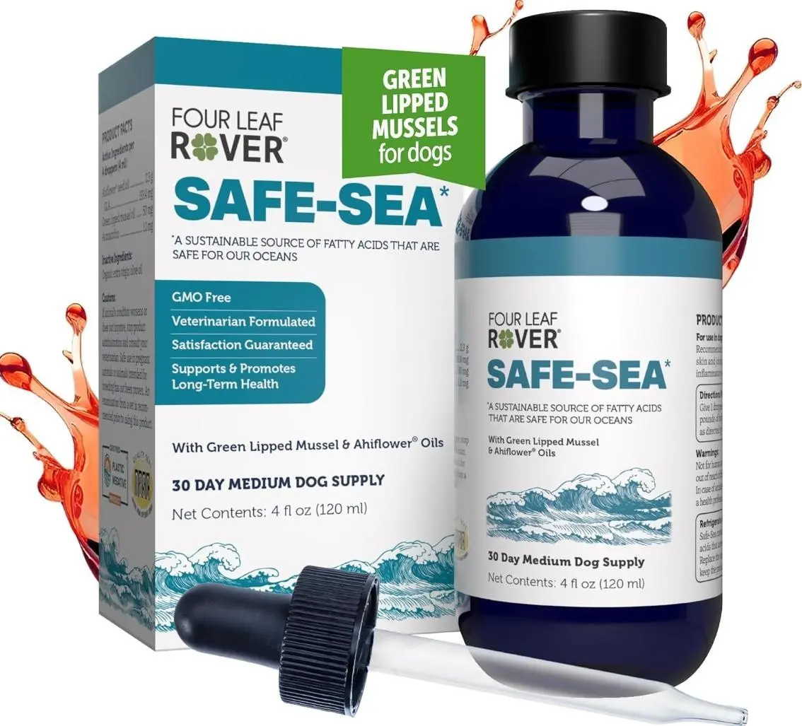 Four Leaf Rover Safe-Sea - Omega-3 Supplement for Dogs with Green Lipped Mussel & Achiote Oil 4 fl oz 30 Day Supply GMO Free Vet Formulated