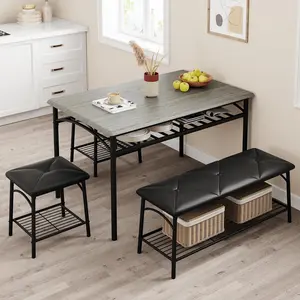 Kitchen Table Set with Bench and Stools, Dining Table Set for 4 with Upholstered Bench, Metal and Wood Dining Room Table Set with Storage Shelves for Small Space, Apartment-Grey