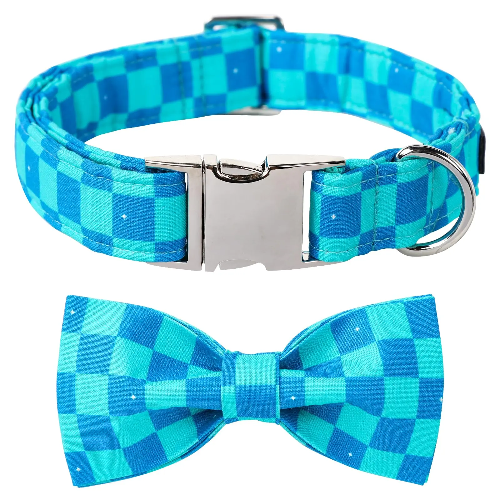 Maca Bates Blue Checkered Cute Basic Dog Collar with Bow Tie - Adjustable, Soft, Breakaway, Plaid Gingham Collar for Small Male Dogs, Extra Small Summer Pet Accessory, Cute Basic Collars