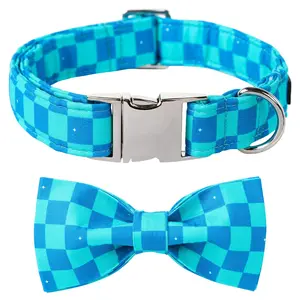Maca Bates Blue Checkered Dog Collar with Bow Tie – Adjustable, Soft, Breakaway Plaid Gingham Puppy Collar for Small Male Dogs, Extra Small Summer Pet Accessory