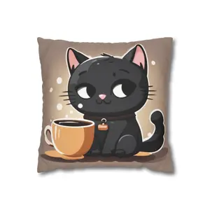Black Cafe Cat Spun Polyester Square Pillowcase