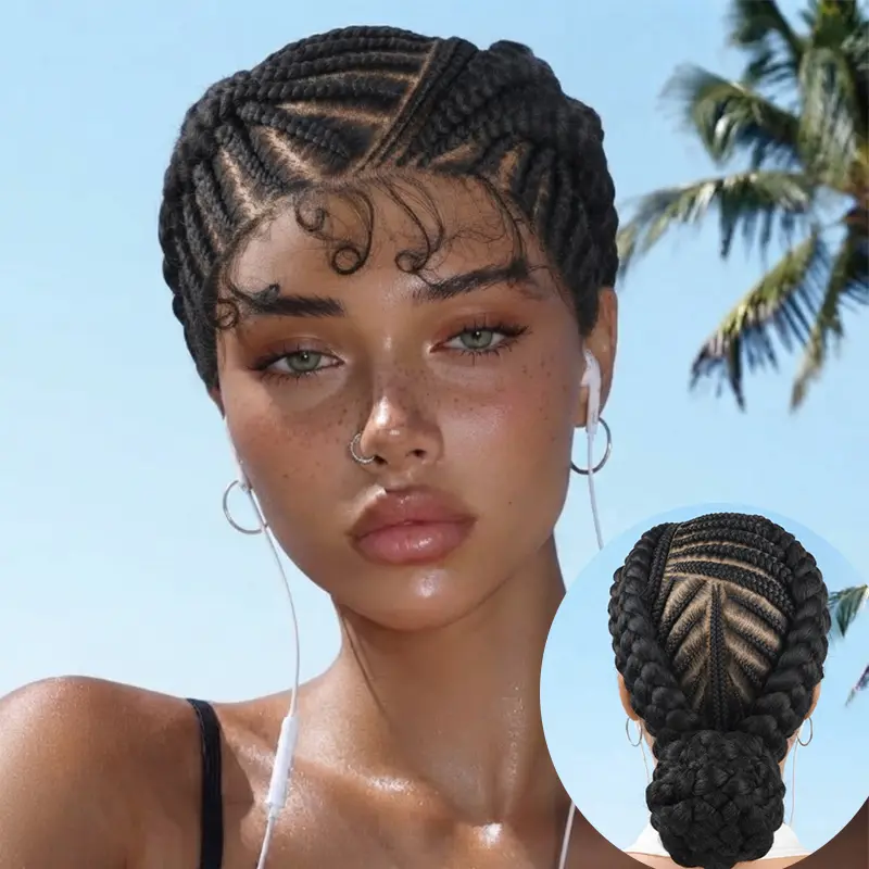 12 Inch Full Lace Tribal Braided Updo Bun Wig, Handmade Fulani Feed-In Cornrow Braids Wig With Baby Hair, Natural Synthetic Braiding Hair Wig #FulaniBunWig #TribalUpdoBraids #CornrowUpdo #HandmadeBraids #BraidedWig #DailyProtectiveStyle