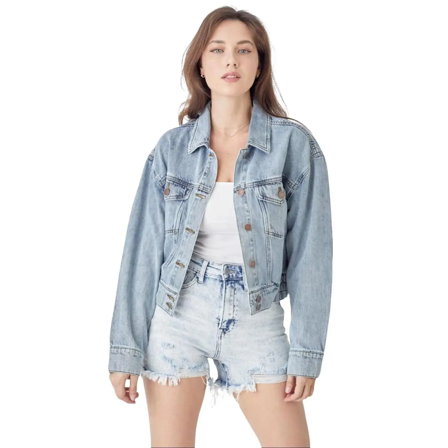 RISEN Full Size Button Down Cropped Denim Jacket