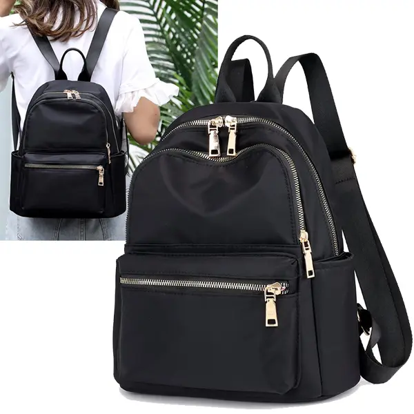 Stylish Black Backpack with Multiple Pockets and Gold Zipper Details for Everyday UseWomen's Fashion Backpack Ships from USA Bookbag Daypack School Backpack Work Bag Travel Trendy Casual Waterproof Nylon Lightweight Backpack for Women