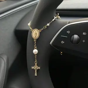 Car Steering Wheel Beaded Ornament, Cross Pendant Car Charm Accessory, Unique Fashion Car Rearview Mirror Decoration, Car Hanging Decoration, Pray for Peace