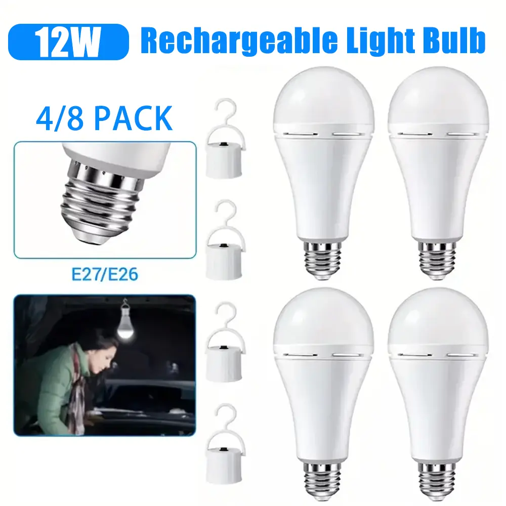 12W Rechargeable Emergency Light Bulbs, Battery Powered Energy Efficient LED Light Bulb 6000K Daylight E26/27 with 1200mAh for Home Power Outage Camping Hurricane