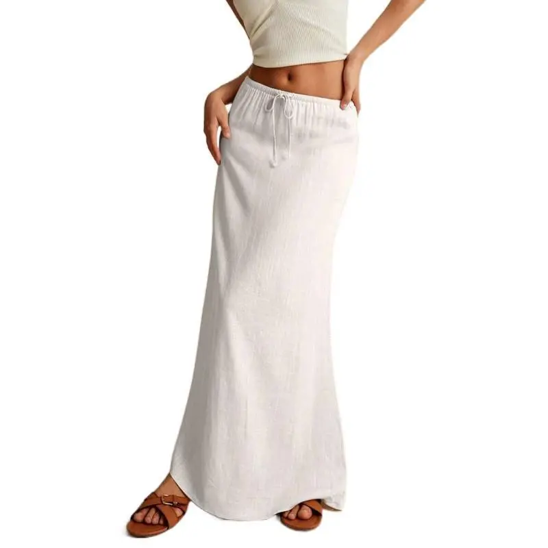 LYD- Women's White Maxi Skirt - Minimalist Drawstring Linen Fabric, Regular Fit, Casual Style, All Seasons Bottoms for Home Wear -LYD sport women leopard