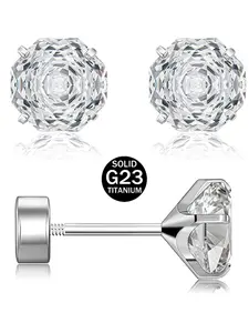 20g Hypoallergenic G23 Titanium Flat Screw Back Earrings, Girls Stud Earring, Rose Cut Cubic Zirconia, Women's Fashion Jewelry